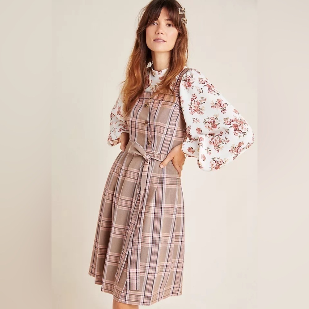 Gal Meets Glam Pink and Brown Plaid Madison Tie-Front Mini Dress Size 12